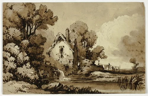 Watermill Beside Stream, with Clothes on Line by John Varley, drawing, 1815-1836