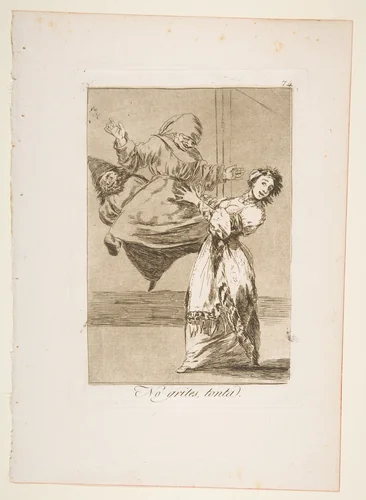 Plate 74 from "Los Caprichos": Don't scream, stupid (No grites, tonta) by Goya, print, 1799