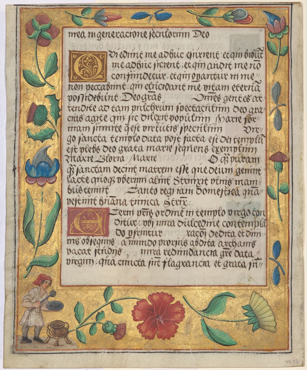 Leaf from a Psalter and Prayerbook: Ornamental Border with Carnations, a Thistle, and a Cook Ladling Soup (verso) by Unknown, manuscript, 1519-1529