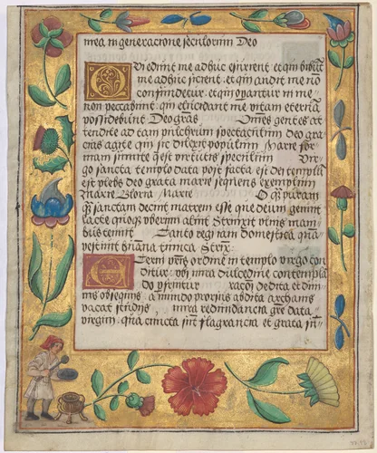 Leaf from a Psalter and Prayerbook: Ornamental Border with Carnations, a Thistle, and a Cook Ladling Soup (verso) by Unknown, manuscript, 1519-1529