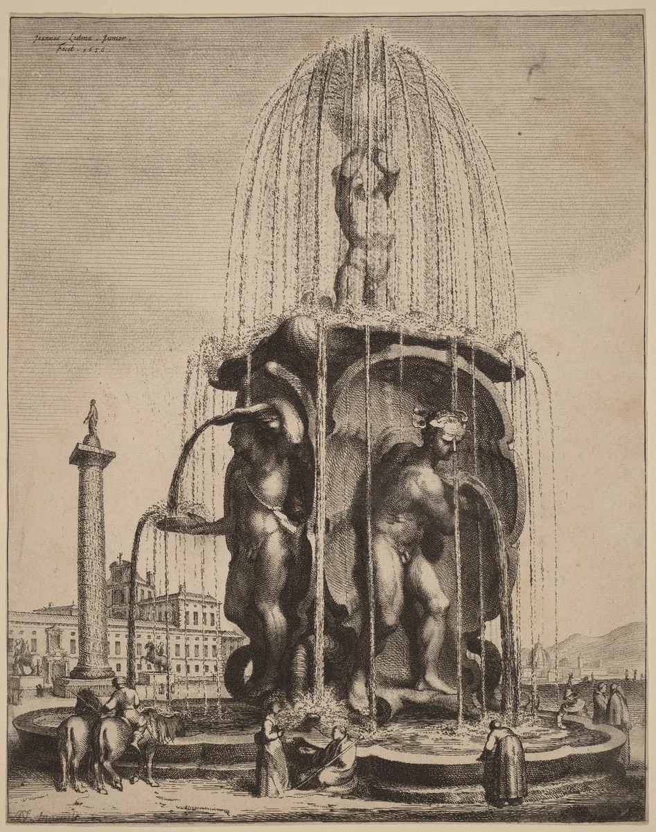 The Fountain and the Column of Trajan in Rome by Jan Lutma II, print, 1656