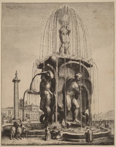 The Fountain and the Column of Trajan in Rome by Jan Lutma II, print, 1656