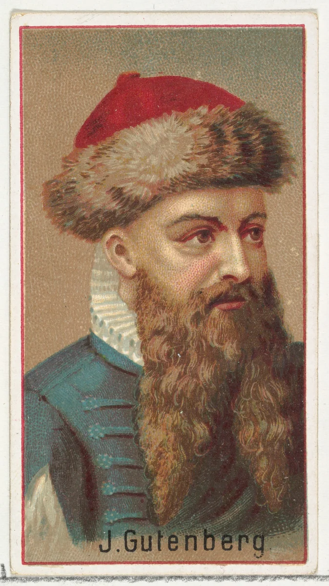 Johannes Gutenberg, printer's sample for the World's Inventors souvenir album (A25) for Allen & Ginter Cigarettes by Allen & Ginter, print, 1888