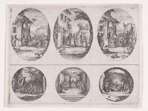 Two Oval Medallions and Two Rondels, from "Variae tum Passionis Christi tum vitae beatae Mariae Virginis; Les Mystères de la Passion suite appelée aussi Mystères de la Vie de Jésus et Mystères de la Vie de Jésus et de la Vie de la Ste. Vierge" (The Mysteries of the Passion, also called the Mysteries of the Life of Jesus, and the Mysteries of the Life of Jesus and of the Virgin) by Jacques Callot, print, 1626-1636