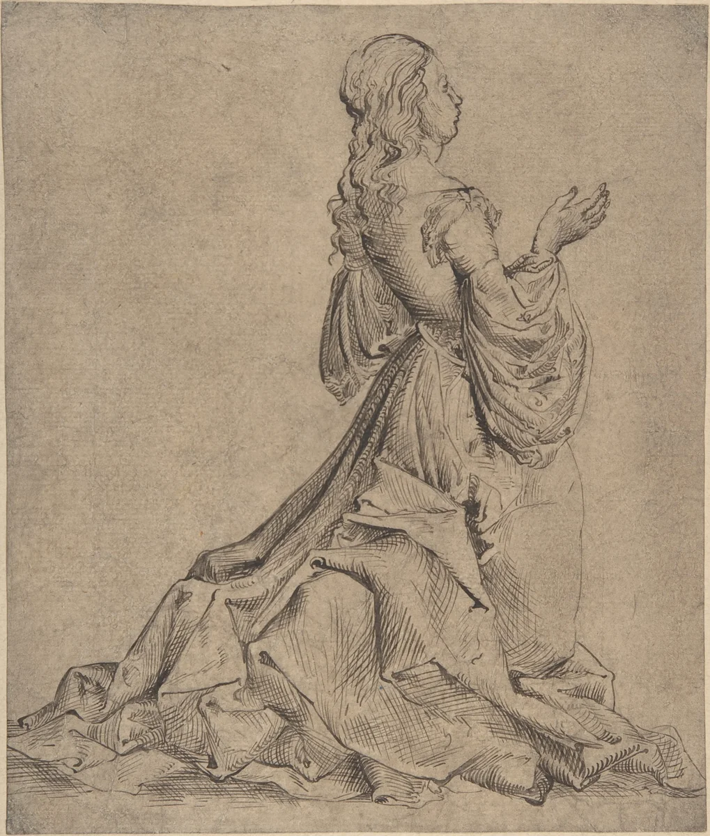 Kneeling Female Figure by Master MZ, drawing, 1497-1525