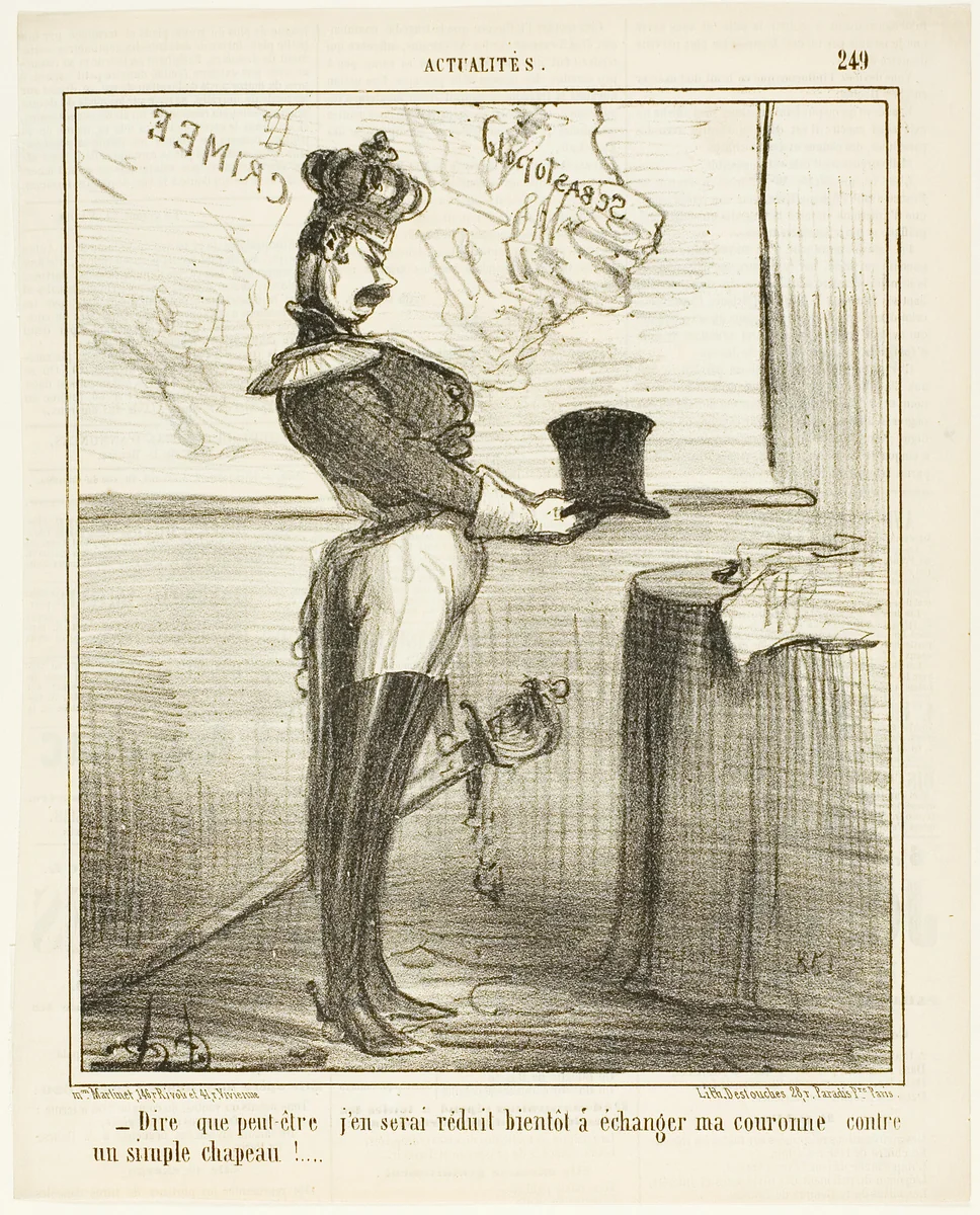 “- Hard to imagine that one day I might have to trade my crown against a simple hat,” plate 249 from Actualités by Honoré-Victorin Daumier, print, 1855