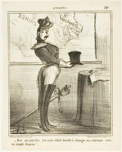 “- Hard to imagine that one day I might have to trade my crown against a simple hat,” plate 249 from Actualités by Honoré-Victorin Daumier, print, 1855