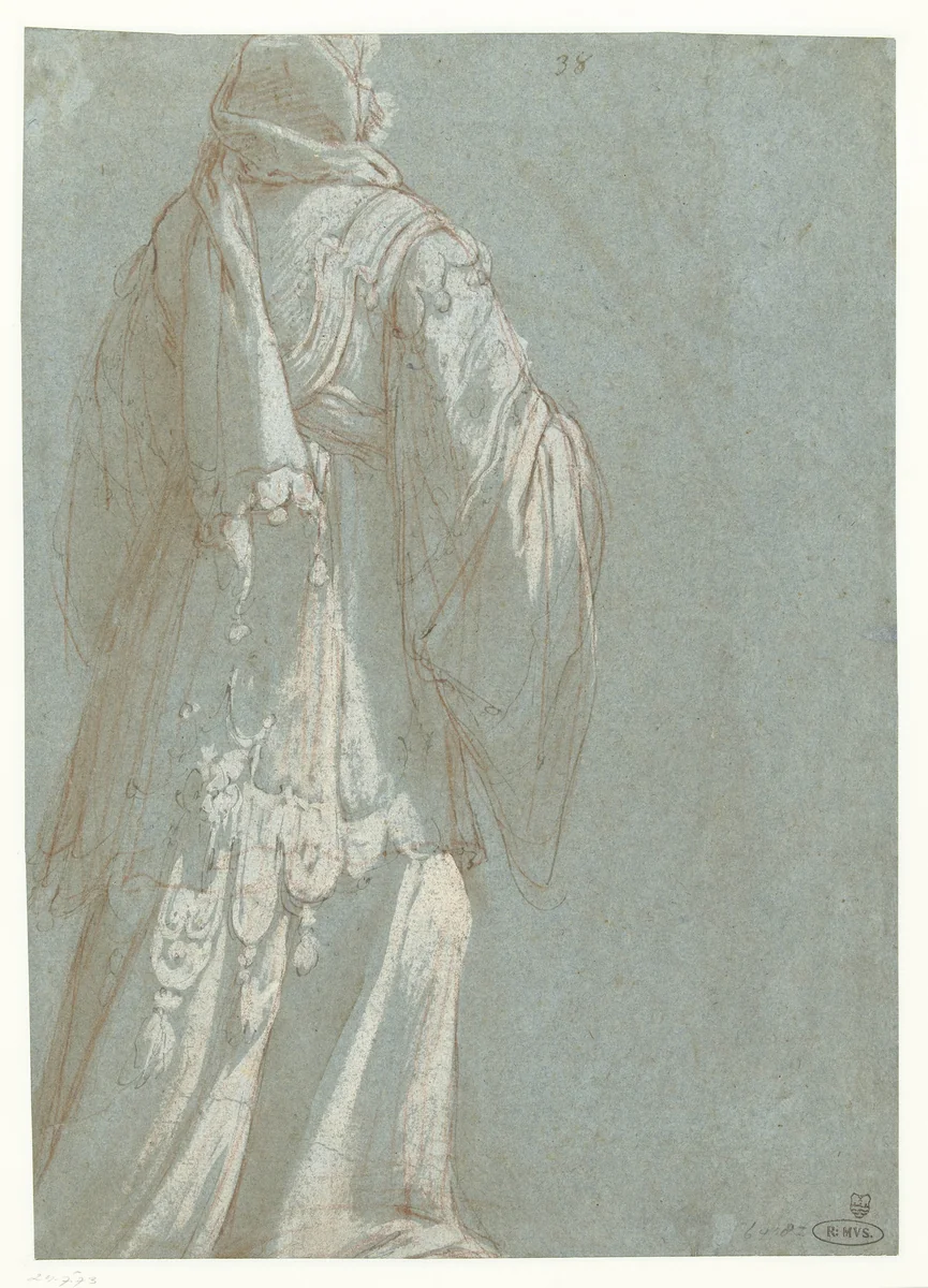 Rugfiguur van een priester by Giovanni Andrea Ansaldo, drawing, 1594-1615