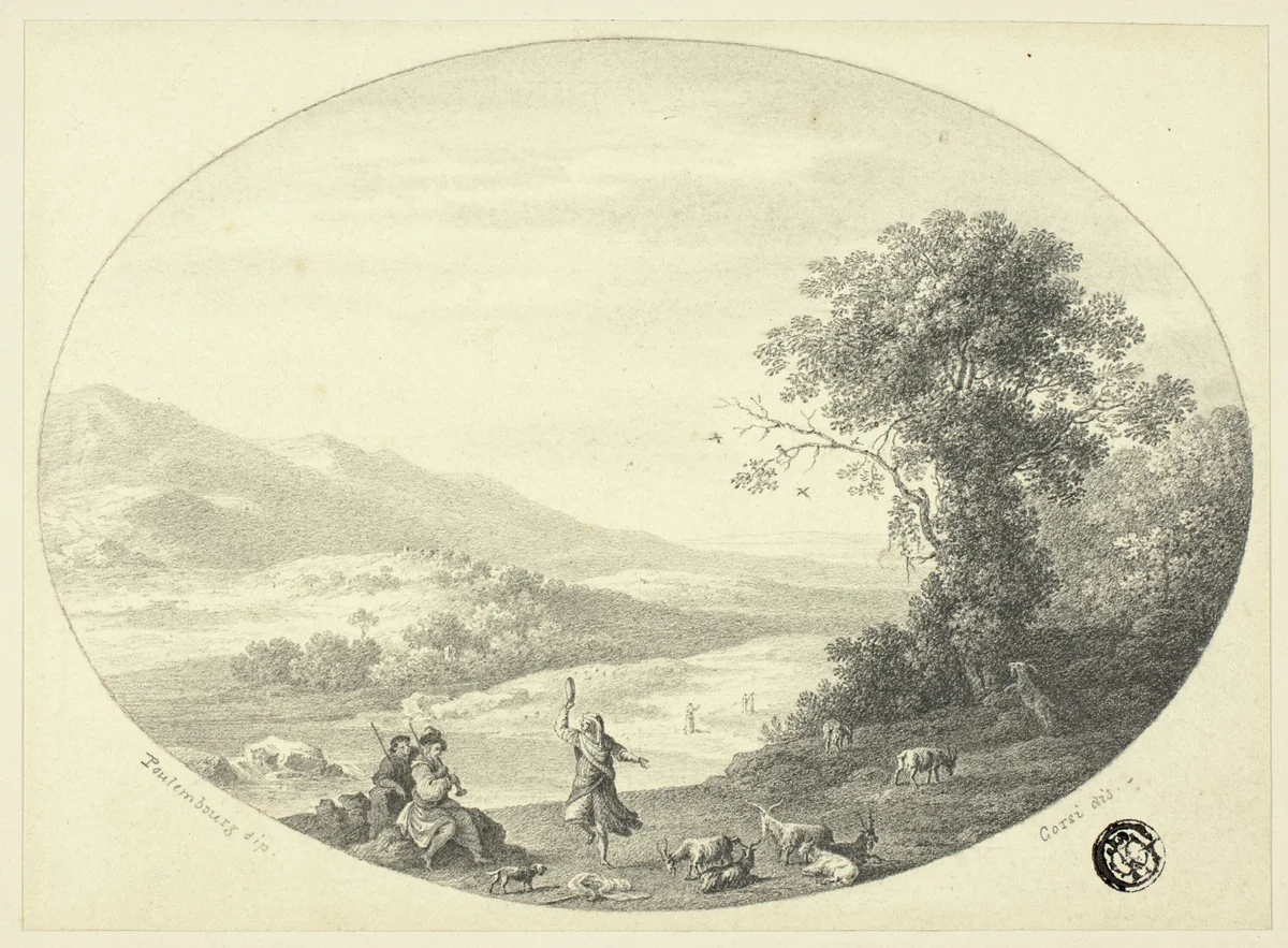 Italianate Landscape with Dancer, Musicians and Goats by Cornelis van Poelenburgh, drawing, 1745-1755