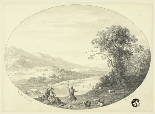 Italianate Landscape with Dancer, Musicians and Goats by Cornelis van Poelenburgh, drawing, 1745-1755