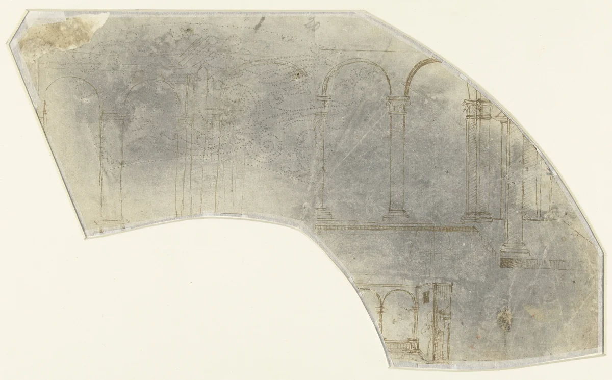 Fragment van een schetsblad met ontwerpen van interieurs en architectuurstudie by anonymous, drawing, 1500-1520