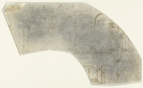 Fragment van een schetsblad met ontwerpen van interieurs en architectuurstudie by anonymous, drawing, 1500-1520