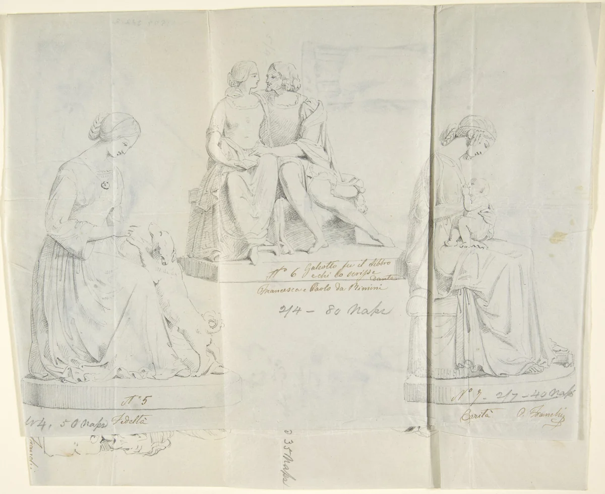 Sketches of seven statues: Faith, Paolo and Francesca di RImini, Charity, Ceres, Heavenly Venus, Dancer, and Sleeping Cupid by John Gibson, drawing, 1845-1855