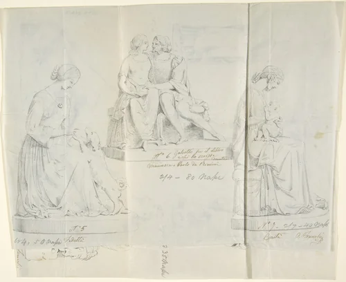 Sketches of seven statues: Faith, Paolo and Francesca di RImini, Charity, Ceres, Heavenly Venus, Dancer, and Sleeping Cupid by John Gibson, drawing, 1845-1855