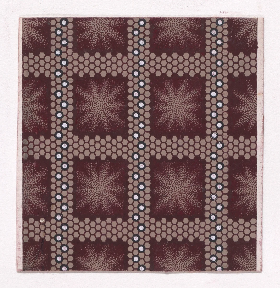 Textile Design with a Checked Pattern of Intersecting Honeycomb Lines and Vertical Stripes of Pearls by anonymous, drawing, 1840