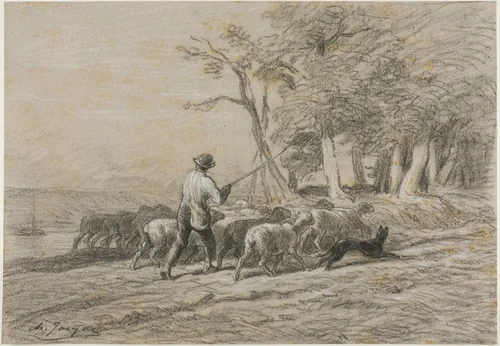 Shepherd and his Flock by Charles-Émile Jacque, drawing, 1833-1894
