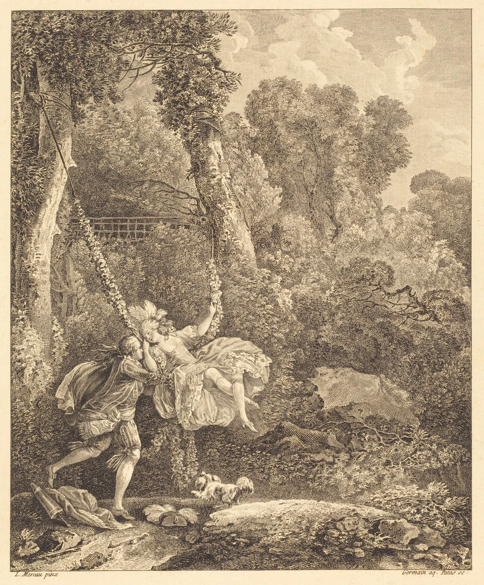 On y court plus d'un danger by Charles Emmanuel Patas; Louis Germain; Louis Gabriel Moreau the Elder, print, 1733-1791