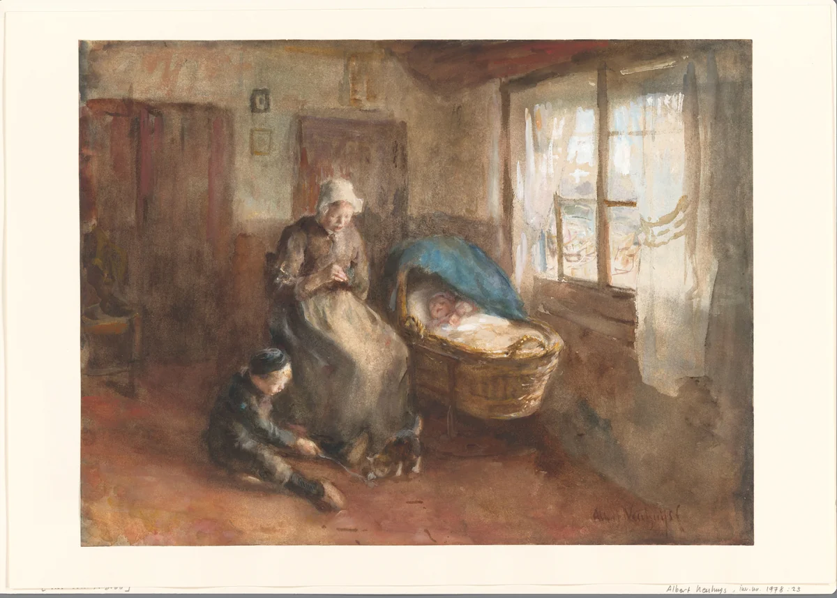 Interieur met een vrouw bij een wieg en een jongetje op de grond by Albert Neuhuys, drawing, 1854-1914
