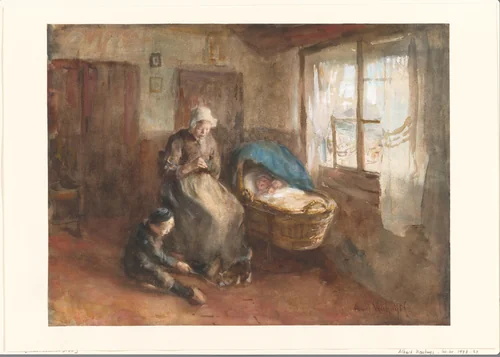 Interieur met een vrouw bij een wieg en een jongetje op de grond by Albert Neuhuys, drawing, 1854-1914