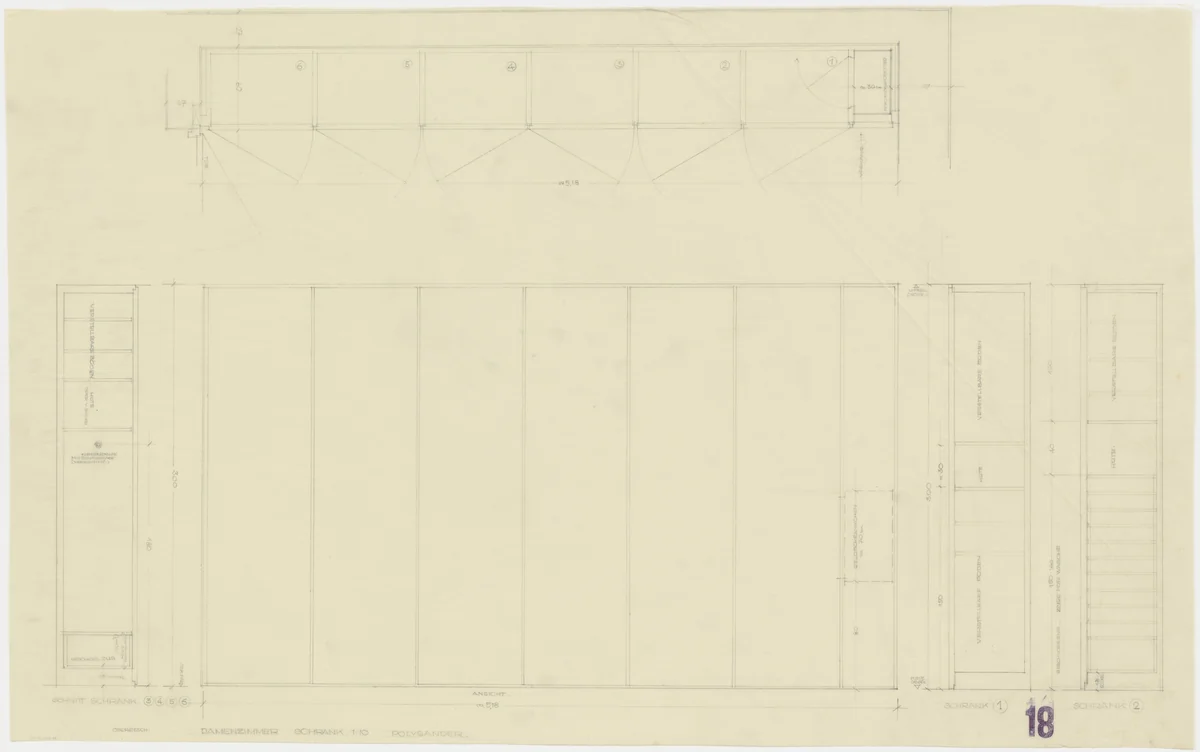 Tugendhat House, Brno, Czech Republic, Lady's bedroom. Cabinet wall. Elevation, plan, sections. by Ludwig Mies van der Rohe, mies van der rohe archive, 1928