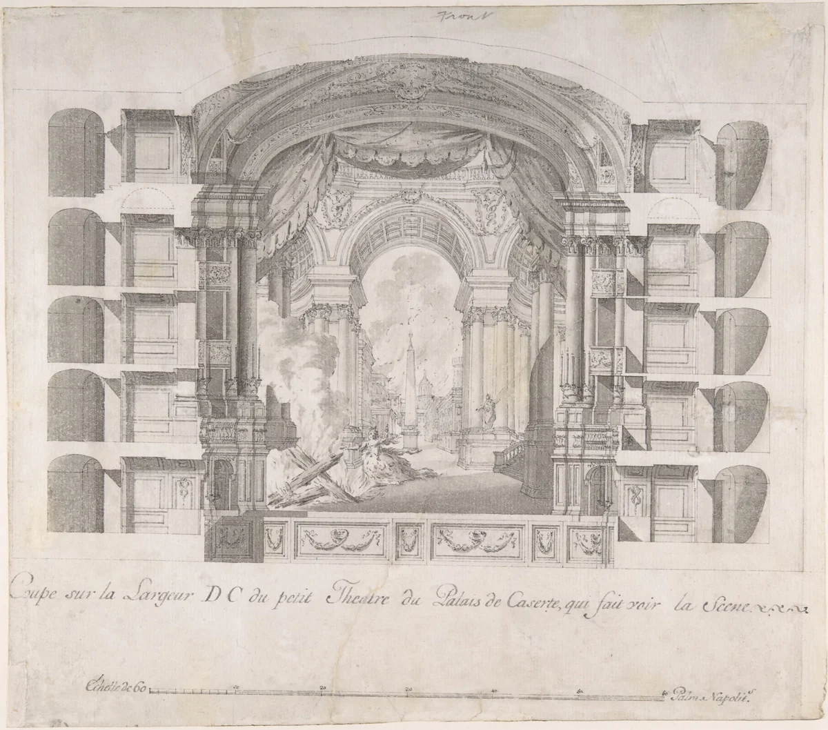 Transverse Section of the Small Theater at the Palace of Caserta, with a View of a Stage Design by Luigi Vanvitelli, drawing, 1700-1773