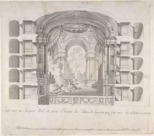 Transverse Section of the Small Theater at the Palace of Caserta, with a View of a Stage Design by Luigi Vanvitelli, drawing, 1700-1773