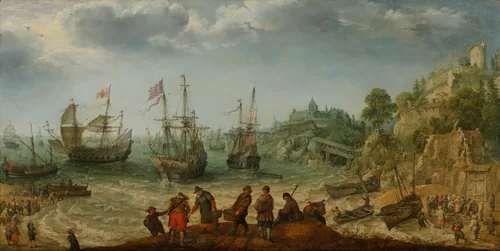 Ships off a Rocky Coast by Adam Willaerts, painting, 1621