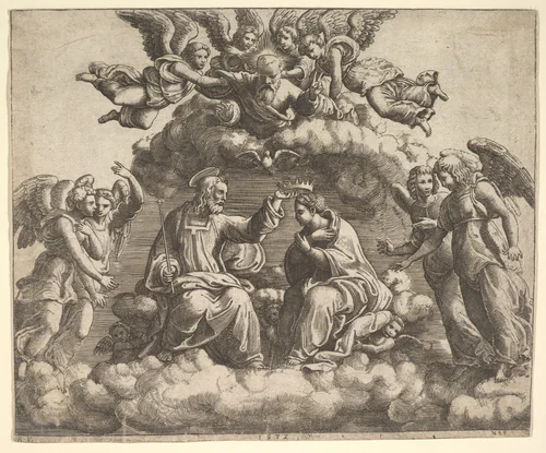 The coronation of the Virgin, Christ holding the crown over her head, God the Father blessing above by Master of the Die, print, 1532