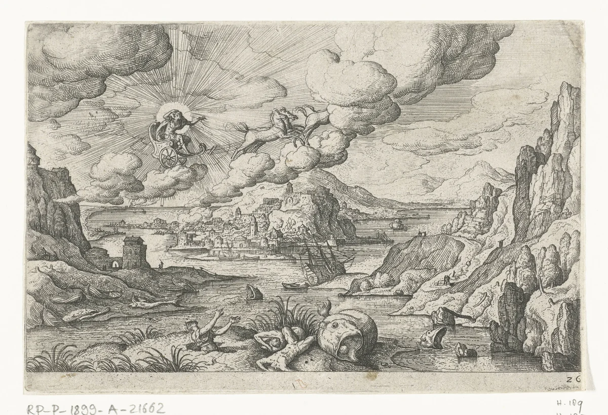 Phaëthon rijdt in de zonnewagen by anonymous, print, 1550-1650