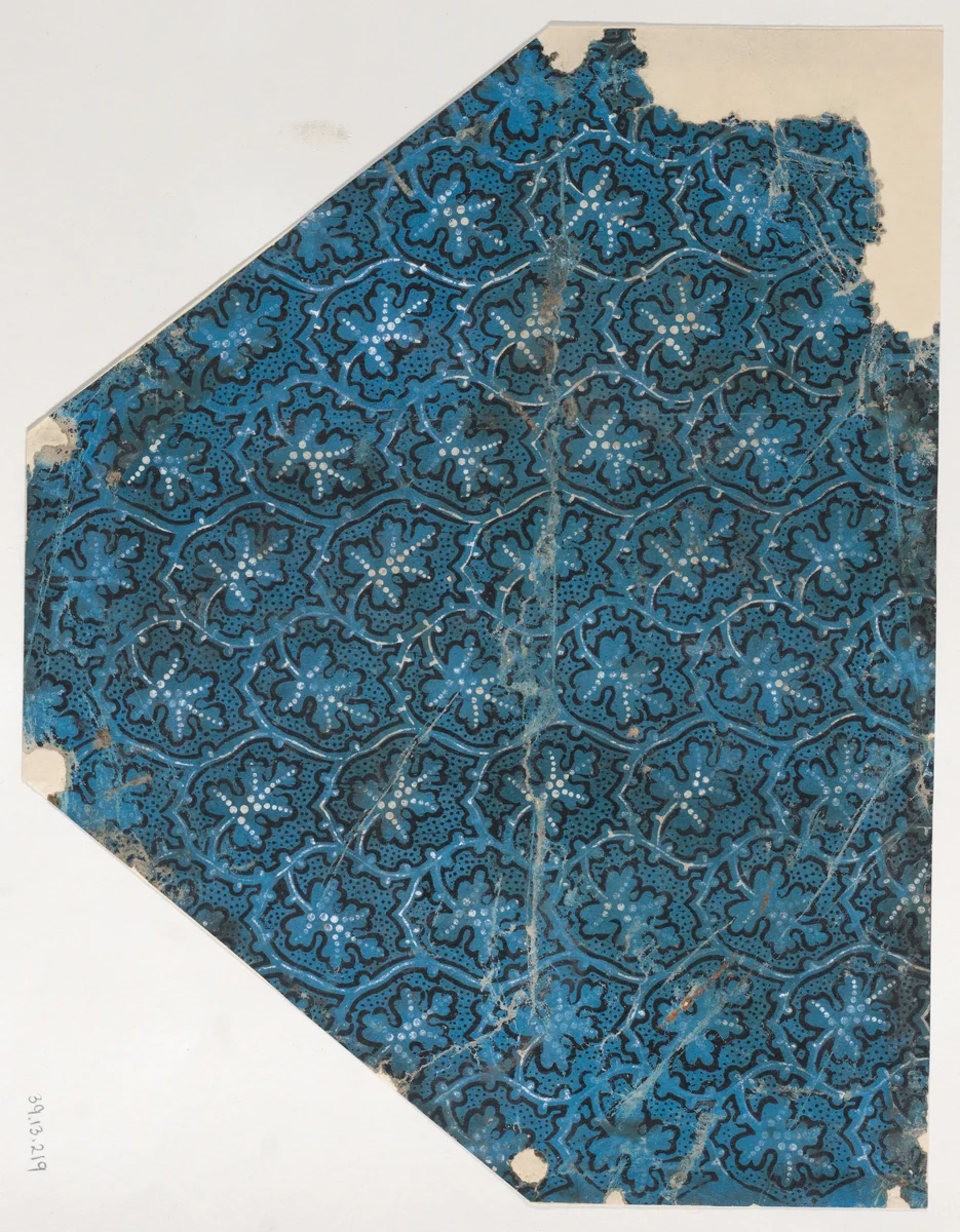 Sheet with overall pattern of leaves, vines, and dots by anonymous, print, 1800-1900