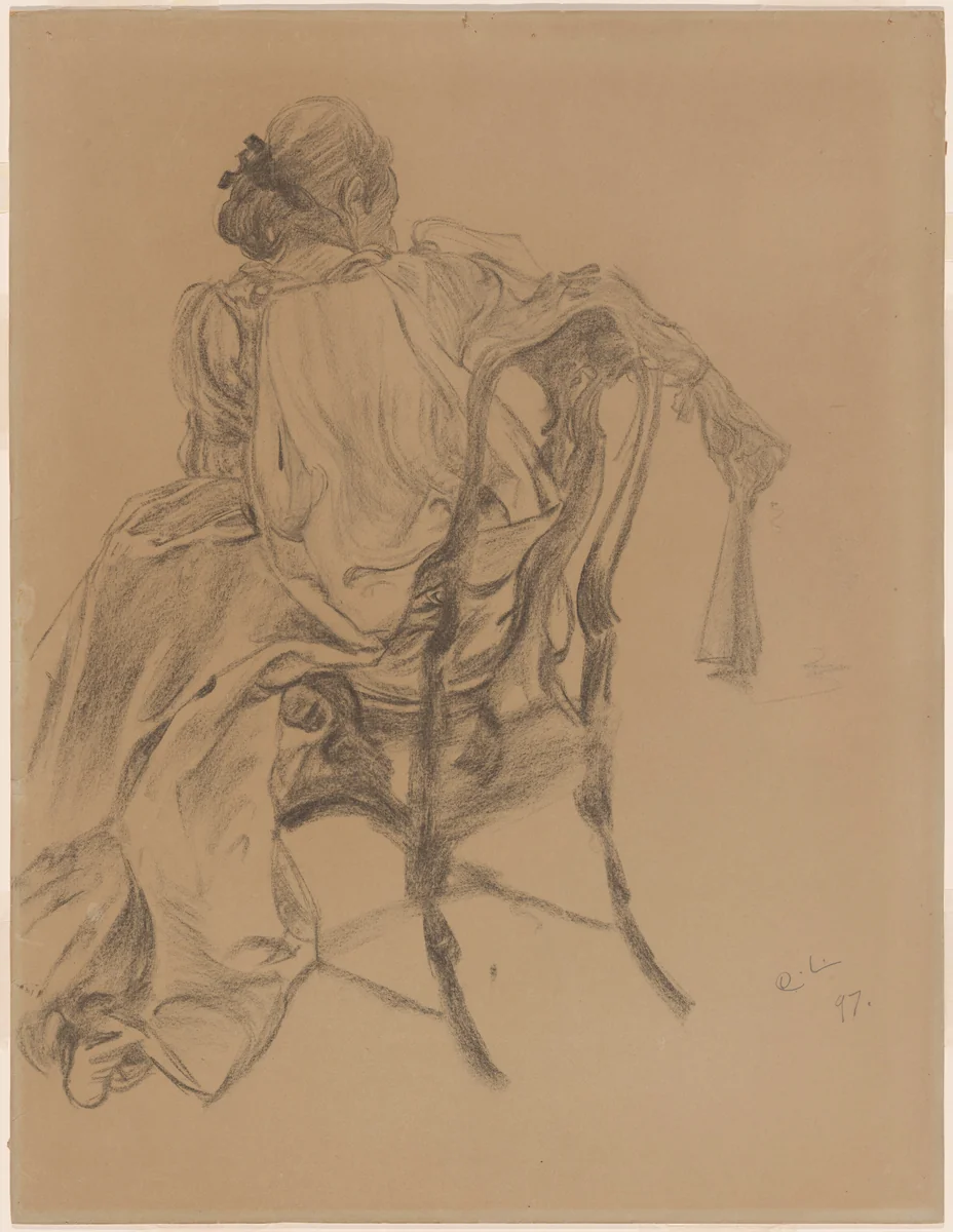 An Elegant Lady of the Eighteenth Century Holding a Fan by Carl Larsson, drawing, 1897