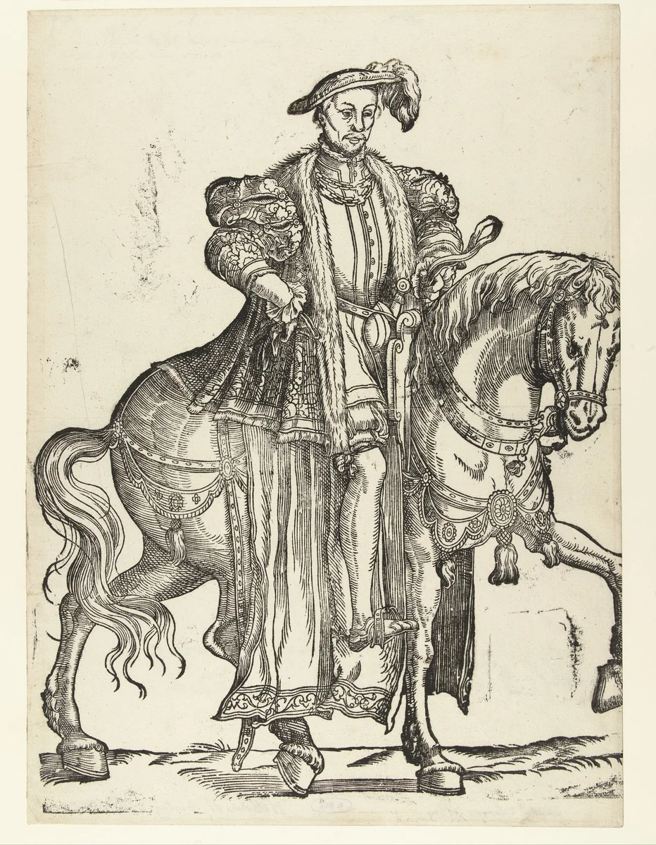 Portret van Karel van Orléans te paard by Cornelis Anthonisz, print, 1540-1542