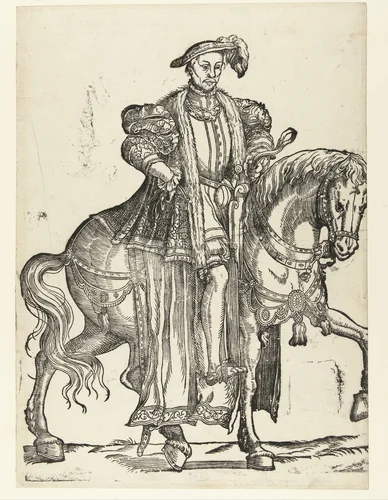 Portret van Karel van Orléans te paard by Cornelis Anthonisz, print, 1540-1542