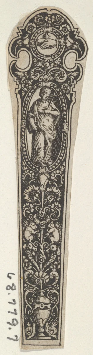 Copy of a Design for a Knife Handle with the Personification of Faith by Johann Theodor de Bry, print, 1580-1600