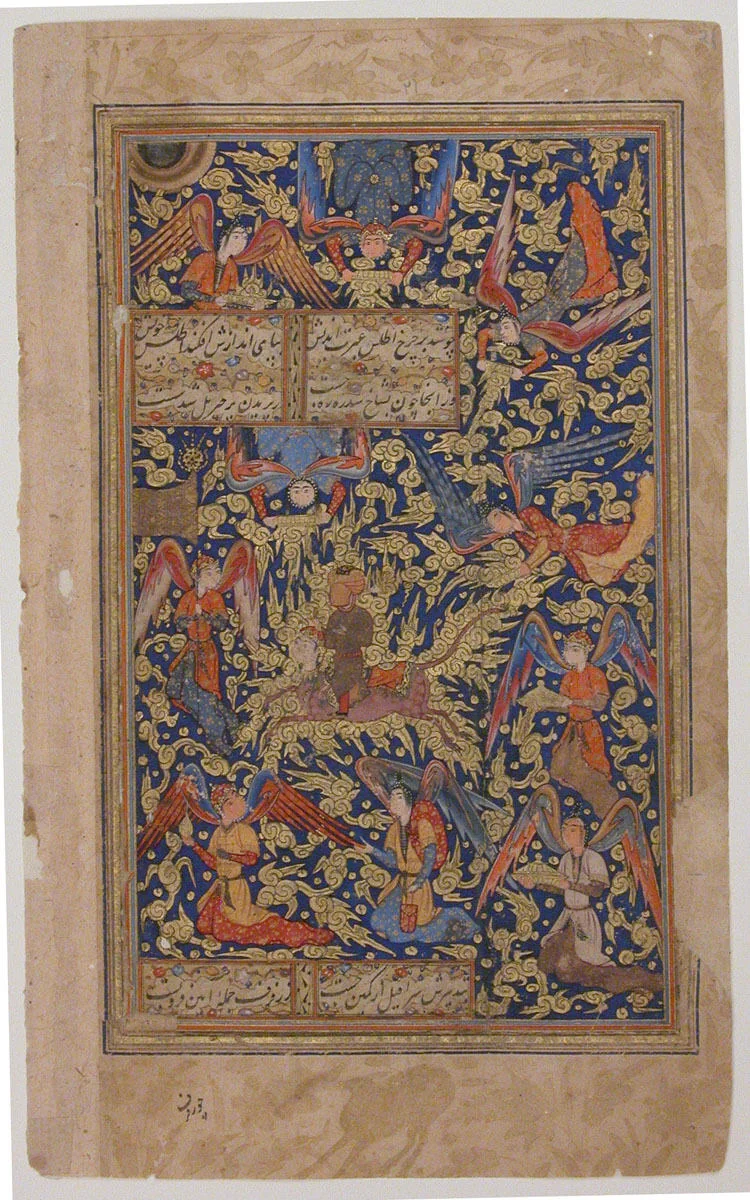 "Muhammad Ascends to Heaven in a Vision on Buraq", Folio from a Yusuf and Zulaikha of Jami by Maulana Nur al-Din `Abd al-Rahman Jami, manuscript, 1550-1599