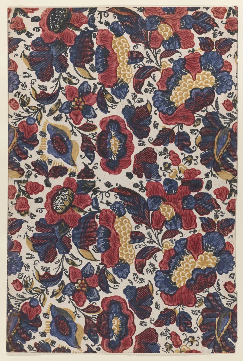 Paste end paper with overall pattern of red, blue, and yellow flowers by anonymous, print, 1800-1900