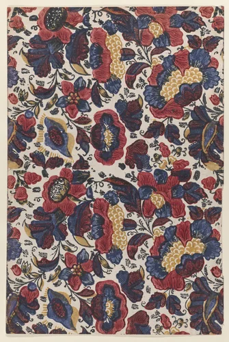 Paste end paper with overall pattern of red, blue, and yellow flowers by anonymous, print, 1800-1900