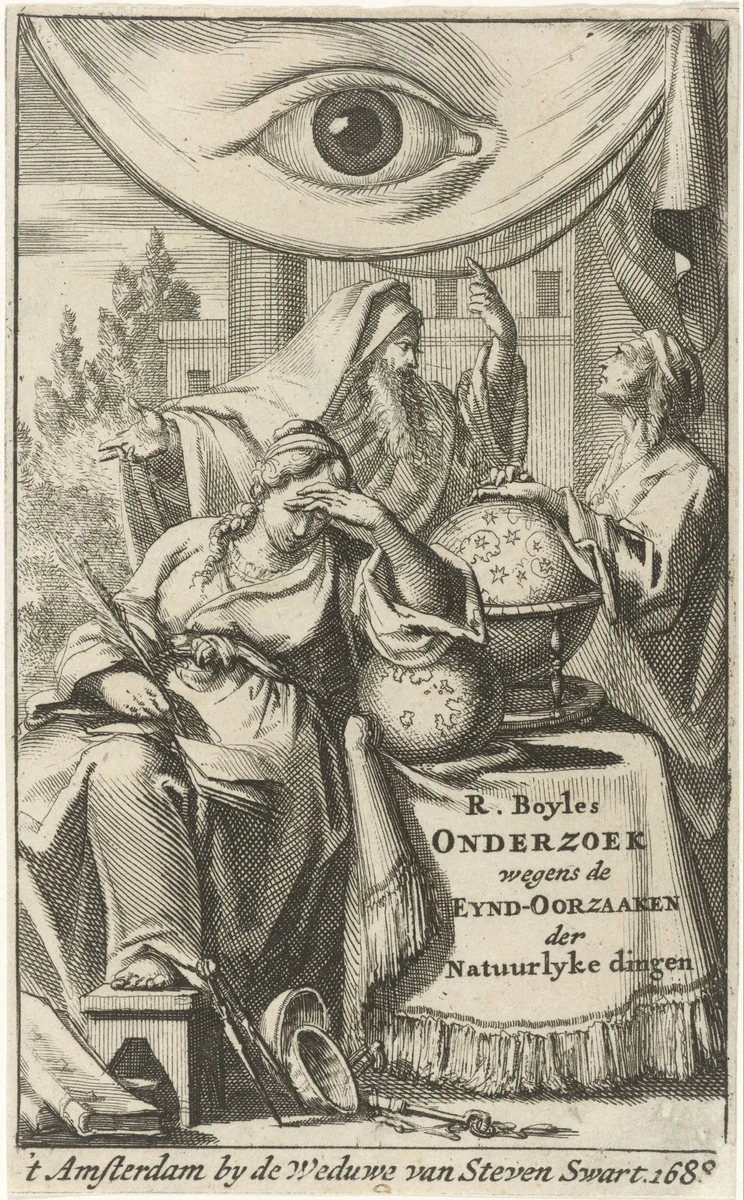 Filosofie schrijft al steunend op een globe in een boek by Jan Luyken, print, 1688