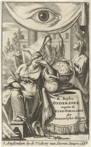 Filosofie schrijft al steunend op een globe in een boek by Jan Luyken, print, 1688