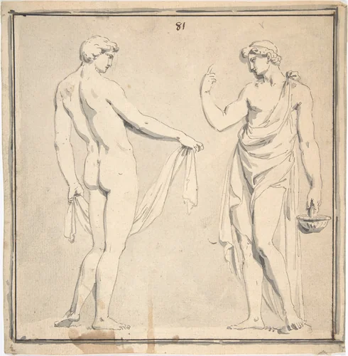 Two Male Figures, one holding a basket by anonymous, drawing, 1700-1799