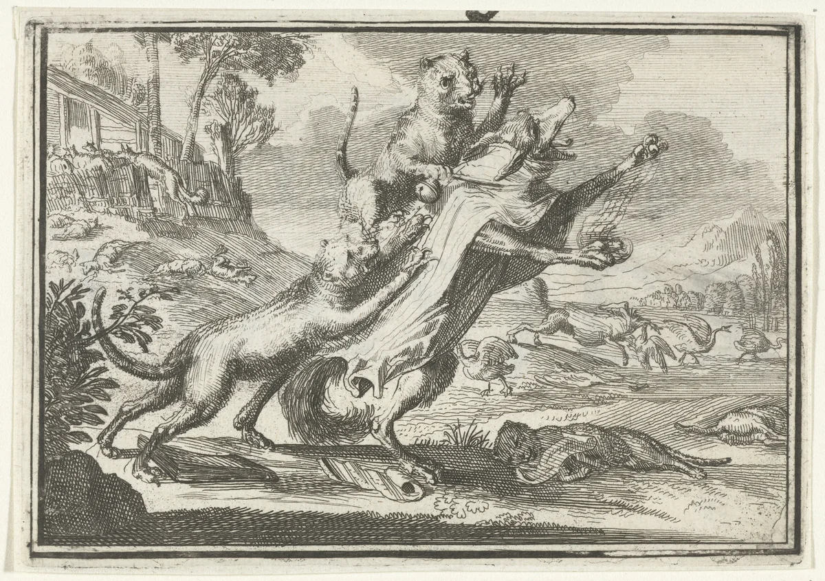 Titelblad voor het pamflet: De Misleide Poesjes, 1702 by Romeyn de Hooghe, print, 1702