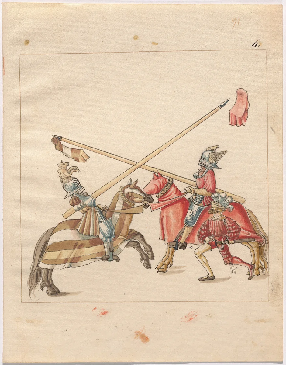 Mock Joust of War with Flying Shields and Without Bevors by German 16th Century, drawing, 1515