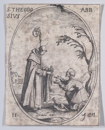 S. Théodose, abbé (St. Theodosius, Abbot), January 11th, from "Les Images De Tous Les Saincts et Saintes de L'Année" (Images of All of the Saints and Feast Days of the Year) by Jacques Callot, print, 1636