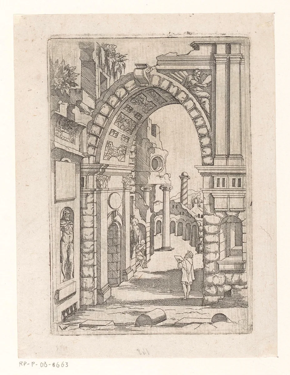 Tekenaar staand onder een ruïneuze boog by Unknown, print, 1550-1562