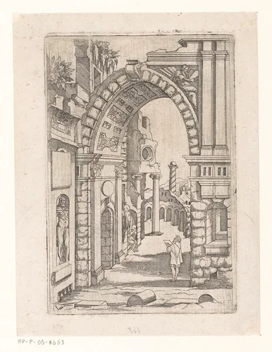 Tekenaar staand onder een ruïneuze boog by Unknown, print, 1550-1562