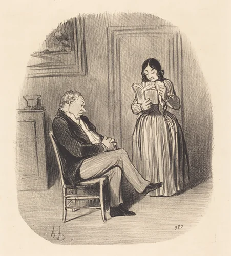 Bourgeois se fesant lire, après diner, quelques chapitres... by Honoré Daumier, print, 1847