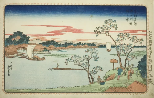 View of Leafy Cherry Trees along the Sumida River (Sumidagawa hazakura no kei), from the series "Famous Views of the Eastern Capital (Toto Meisho)" by Utagawa Hiroshige (歌川広重), print, 1826-1836