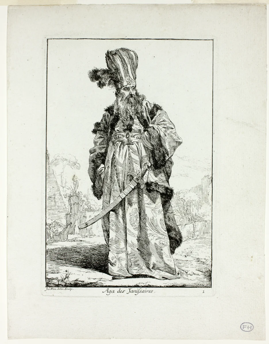 Aga des Janissaires, plate one from Caravanne du Sultan à la Mecque by Joseph-Marie Vien, print, 1748