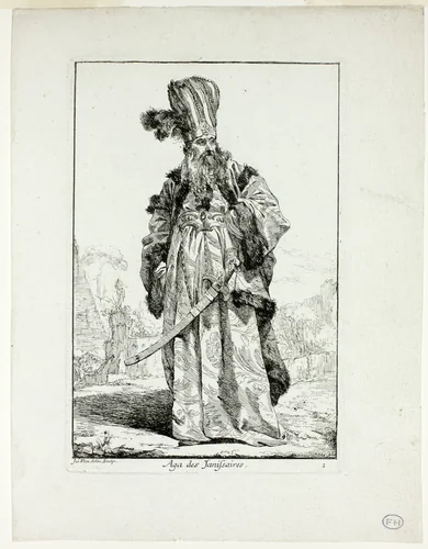 Aga des Janissaires, plate one from Caravanne du Sultan à la Mecque by Joseph-Marie Vien, print, 1748
