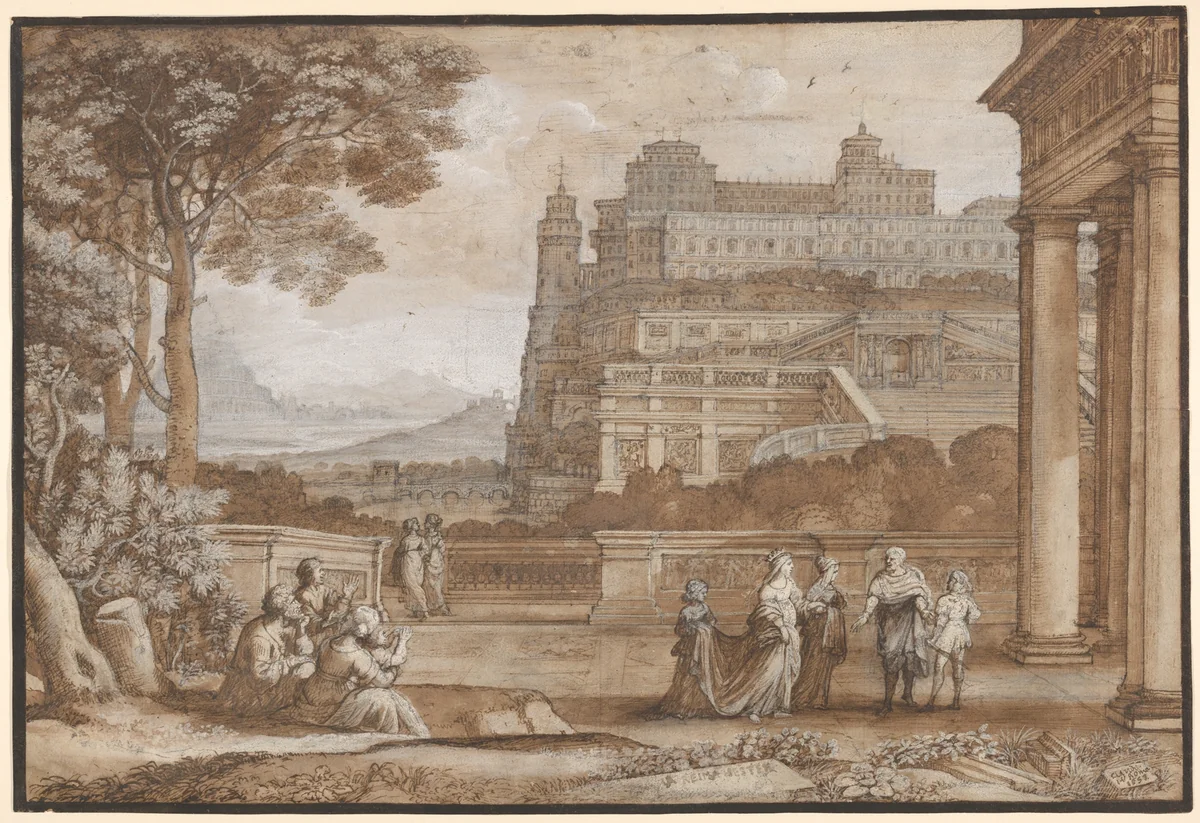 Queen Esther Approaching the Palace of Ahasuerus by Claude Lorrain, drawing, 1658